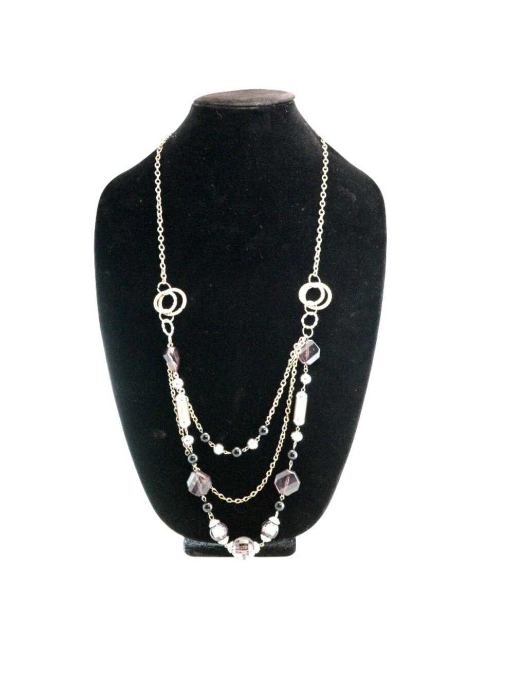 Vintage Smoky Black Acrylic Layered Necklace Silver Tone Chain Statement Jewelry